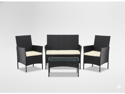 Set de mobilier din ratan (canapea, 2 fotolii, masă) negru + crem.