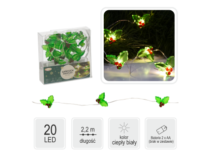 Culoare LED de Crăciun cu Ilex 20L pe baterii, ambalaj 20 buc **2205**