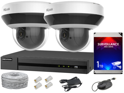 Set de monitorizare IP, 2 camere PTZ rotative 4Mpx, IR20, NVR 4xPoE, Discul de 1TB - Hilook by Hikvision